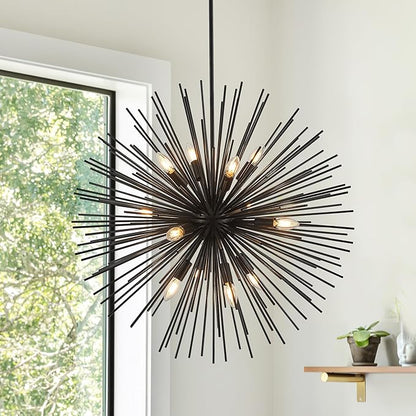 31.5" 12-Light Black Sputnik Chandelier Modern Industrial Foyer Light Fixtures, Adjustable Firework Globe Ceiling Fixture for Living Room, Entryway, Dining, Bedroom, Hallway, Stairway