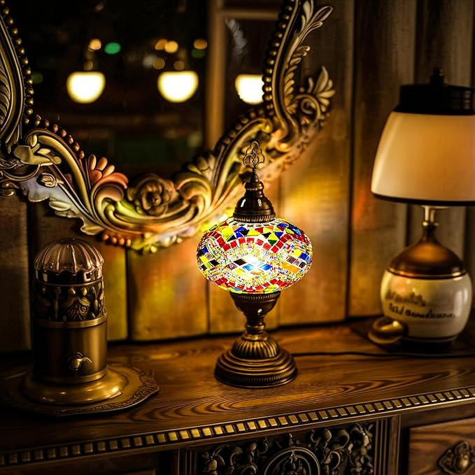 Moroccan Turkish Lamp – Colorfull Mosaic Glass Bedside & Desk Light, Handcrafted Vintage Home Decor with E12 Socket