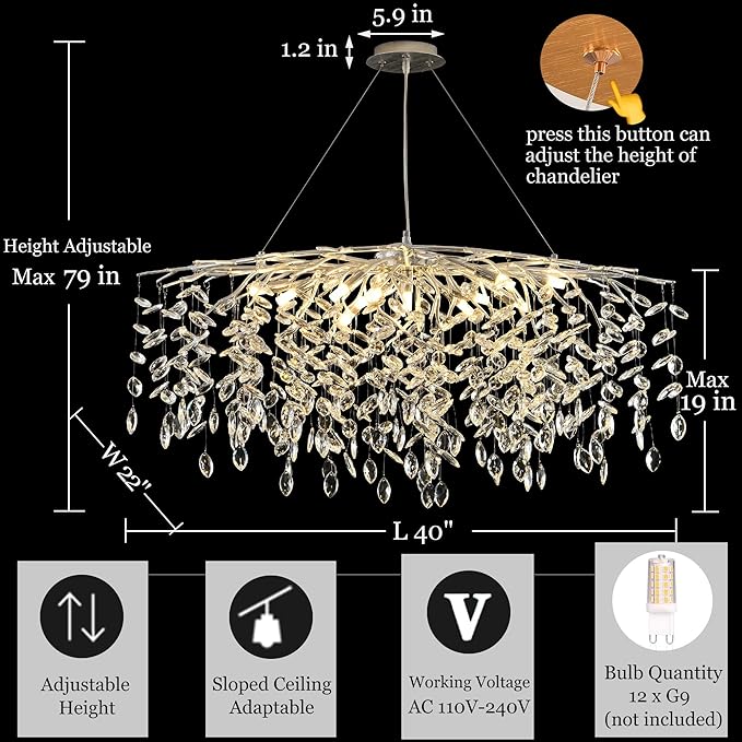 Modern Silver Crystal Tree Branch Chandelier, Rectangle Linear Art Deco Raindrop Lighting Fixture for Dining Room Living Room 12 Lights L40''