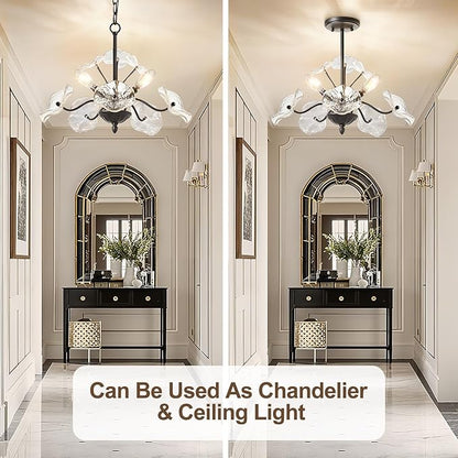 Luvkczc Black Chandelier,Vintage Flower Glass Pendant Light Fixture,Mid Century Ceiling Light Fixture for Dining Room, Kitchen, Living Room, Bedroom Hallway Porch,3 Lights