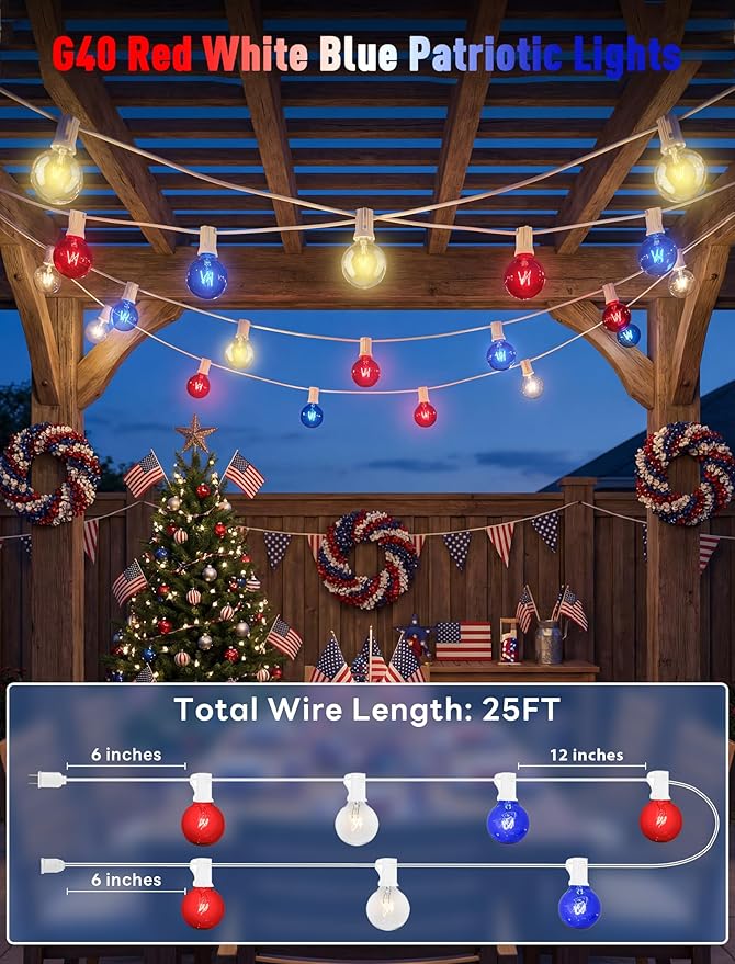 4th of July String Lights 25FT, 27 Incandescent G40 Red White Blue Bulbs (2 Spare), Waterproof Connectable Outdoor Patio Lights for Party Garden Decor