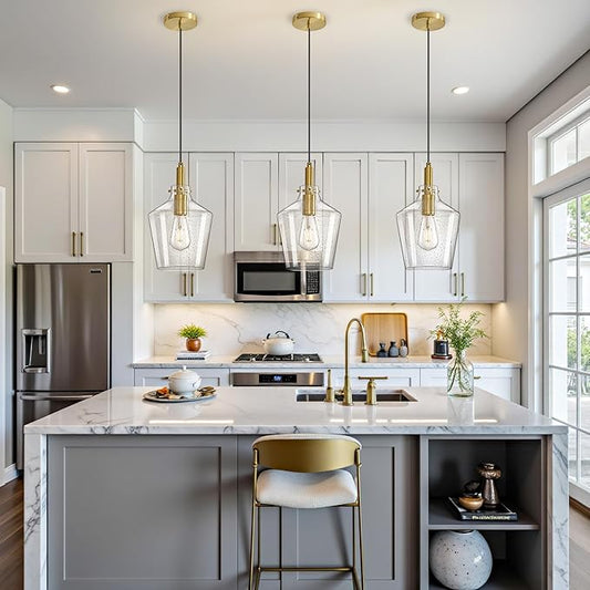 Modern Seeded Glass Pendant Lighting for Kitchen Island 1 Pack, Farmhouse Gold Pendant Light Fixtures, Height Adjustable Ceiling Pendant Light, Angled Seeded Glass Shades 8 Inch