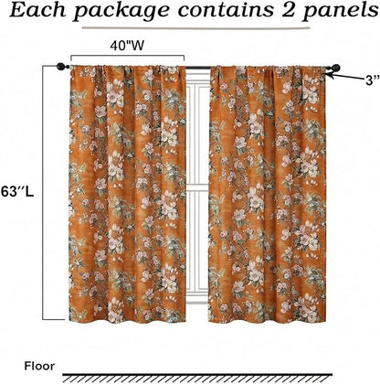 Simplebrand Orange Floral Curtains 63 Inch Length 2 Panels, Faux Linen Textured Semi Light Filtering Farmhouse Curtains & Drapes, Soft Airy Slub Window Curtains for Living Room Bedroom, Each 40"Wx63"L
