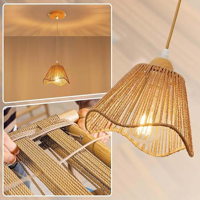 3 Pack Wave Rattan Chandelier Pendant Lights Kitchen Island,Farmhouse Boho Chandeliers Adjustable Height Hanging lamp for Dining Room,Kitchen Ceiling Light Fixtures Hand Woven Wicker Lampshade