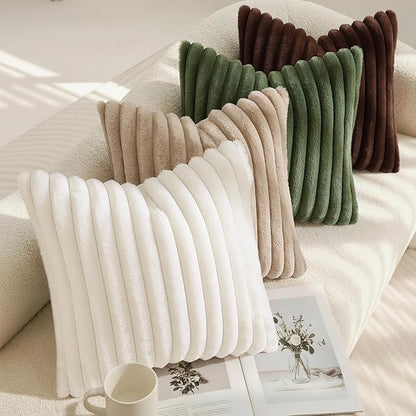 decorUhome Summer Cozy Faux Fur Throw Pillow Covers 22x22 Set of 2 Decorative Plush Striped Modern Farmhouse Boho Couch Euro Sham Pillow Cases with Velvet Back for Sofa Bed Living Room, Cream White