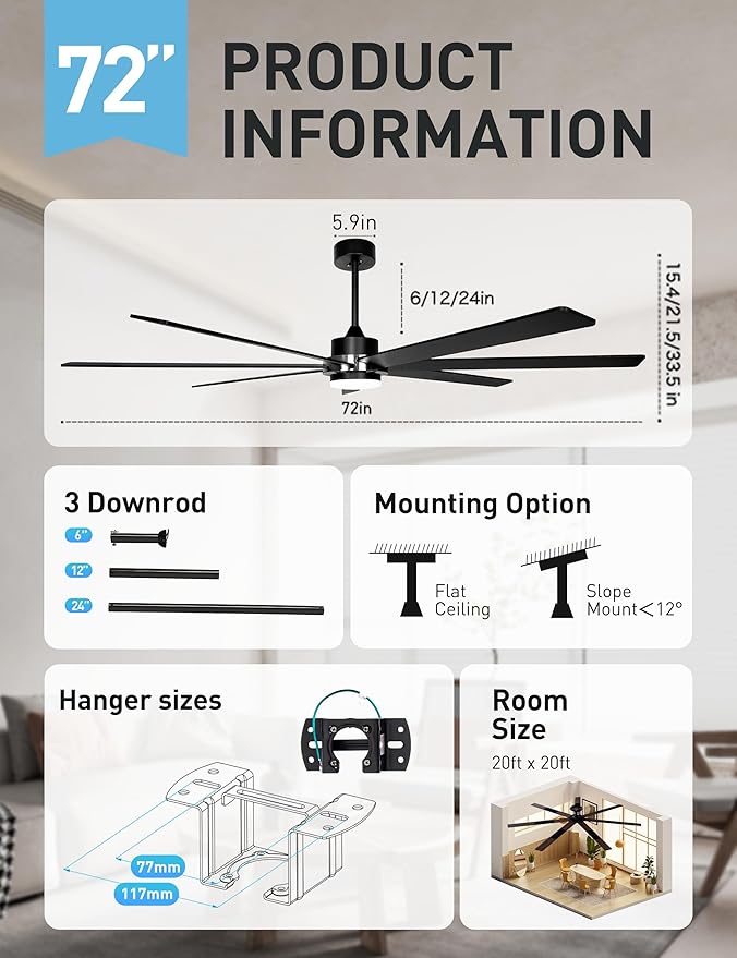 Minislak 72" Black Smart Ceiling Fan with Light and Remote via WIFI Alexa APP Control,6 Speed Quiet DC Motor,Dimmable,Indoor Outdoor Ceiling Fans for Patios or Bedroom,Living room