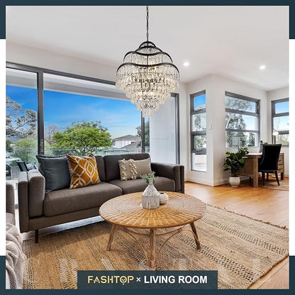 9-Tier 16 Lights Crystal Chandelier Luxury Light Fixtures 24" Black K9 Crystal Pendant Ceiling Lighting for Living Room Dining Room Foyer Bedroom Kitchen, E12