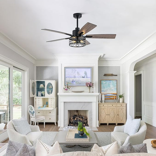 52" Farmhouse Ceiling Fans with Lights and Remote,Chandelier Ceiling Fan with Reversible DC Motor and 5 Double Finish Wood Blades,Rustic Caged Ceiling Fan for Living Room,Dining Room,Bedroom