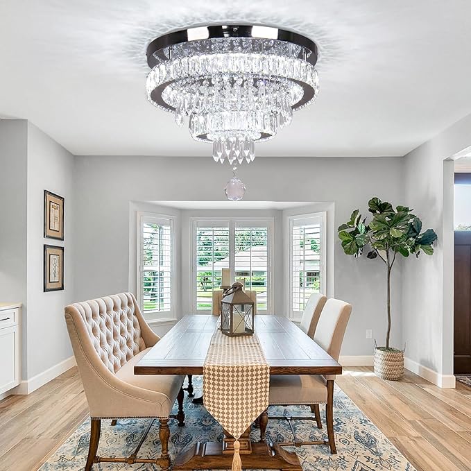 Finktonglan 15.7" Crystal Semi Flush Mount Ceiling Light, 2-Ring LED Crystal Chandelier, Cool White 6500K, Non-Dimmable, Built-in LED for Bedroom Hallway Entryway Dining Room