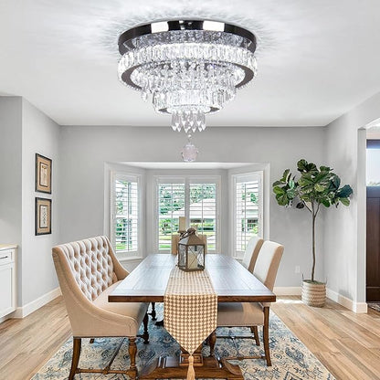 Finktonglan 15.7" Crystal Semi Flush Mount Ceiling Light, 2-Ring LED Crystal Chandelier, Cool White 6500K, Non-Dimmable, Built-in LED for Bedroom Hallway Entryway Dining Room