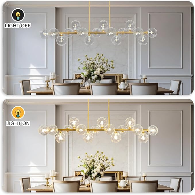 55" Linear Chandelier Swirled Glass Gold Sputnik Chandelier, Long Modern Chandeliers for Dining Room 16-Light Electroplated Brass Large Chandelier Long Dining Room Light Fixture Linear Island Lights