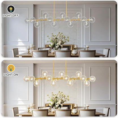 55" Linear Chandelier Swirled Glass Gold Sputnik Chandelier, Long Modern Chandeliers for Dining Room 16-Light Electroplated Brass Large Chandelier Long Dining Room Light Fixture Linear Island Lights