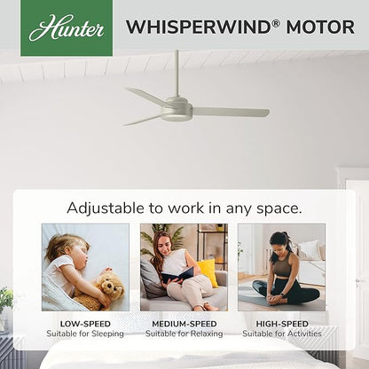 Hunter 52 inch Indoor Ceiling Fan No Light - Modern Ceiling Fan without Light, 3 Blades, Standard Mount, For Bedroom, Living Room, or Kitchen, Wall Control - Presto 50812, Matte Nickel