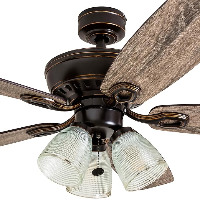 Prominence Home Marston, 52 Inch Traditional Indoor LED Ceiling Fan with Light, Pull Chain, Three Mounting Options, 5 Dual Finish Blades, Reversible Motor - 51017-01 (Oil Rubbed Bronze)