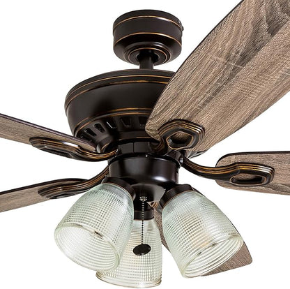 Prominence Home Marston, 52 Inch Traditional Indoor LED Ceiling Fan with Light, Pull Chain, Three Mounting Options, 5 Dual Finish Blades, Reversible Motor - 51017-01 (Oil Rubbed Bronze)
