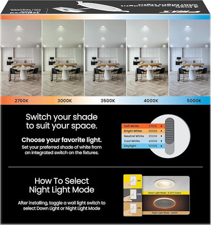 Feit Electric 4" LED Canless Recessed Downlight with Night Light Mode and Integrated J-Box, 75W EQ, Dimmable, 5CCT Selectable White, 90 CRI, 850 Lumens, 45-Year Lifetime, LEDR4XT/HO/NL5CCTCA4, 4 Pack