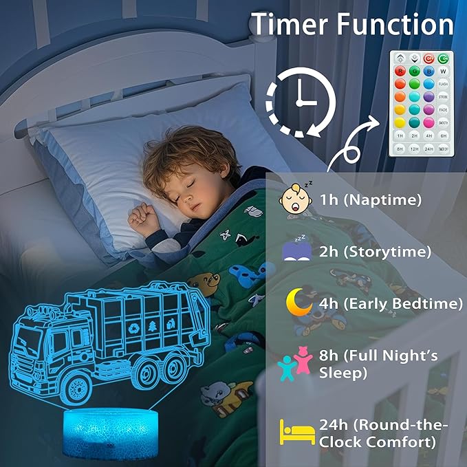 Garbage Truck Night Light, Garbage Truck Car Gifts, Sanitation Truck 3D Illusion Lamp with 16 Colors Changing, Timer, 4 Flash Modes and Dimmable, Kids Boys Girls Room Decoration, Holiday Xmas Gifts