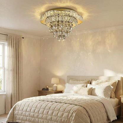 18" Gold Crystal LED Ceiling Light with Remote Control,Flush Mount Chandelier with 3-Color Dimmable for Living Room Bedroom Dining Room Hallway - Modern Flower Design