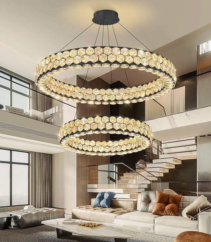 2 Rings Crystal Chandeliers for Dining Room for Living Room Bedroom High Ceiling Light Fixture LED Dimmable with Remote Ring Lights Black