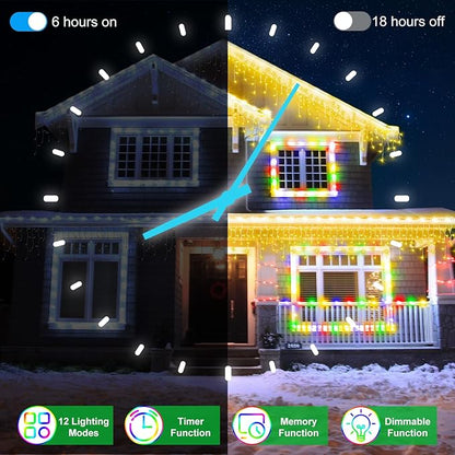 132FT 1332 LED Outdoor Christmas Lights - 296 Ice Drops, 12 Pro Modes with Timer Memory & Brightness, Waterproof Hanging Ice String Light for Holiday Wedding Garden Fence House Decor (Warm White)