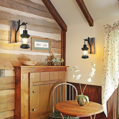 Rustic Wall Light Fixtures Vintage Wall Sconces Sets of 2 Farmhouse Antique Wooden Wall Lamps with Clear Glass Mounted Lighting Black Bedside Sconces Lighting for Bar Cafe Barn Stairs