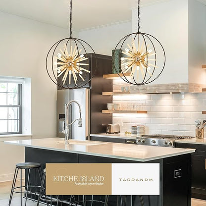 23.6" Black Gold 9-Light Globe Sputnik Chandelier Modern Firework Hanging Ceiling Glass Tube Pendant Light Fixture for Entryway Foyer Staircase Dining Living Room Hallway