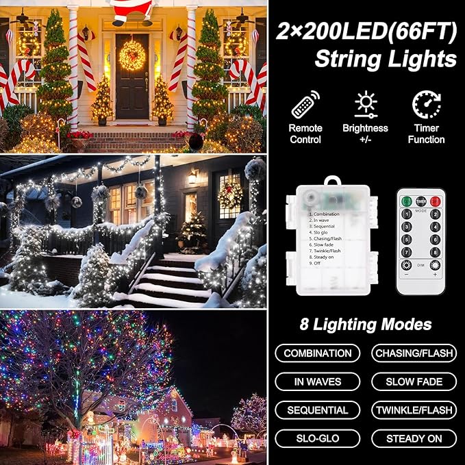 2Pack Christmas Lights Outdoor Battery Operated String Lights with Remote, Total 400LED 135Ft with Timer 8 Modes Waterproof Outdoor Indoor for Christmas Tree Decor, Warm White