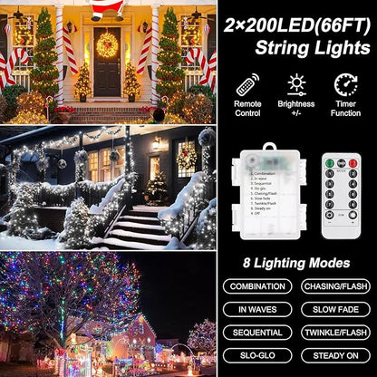 2 Pack Battery Operated String Lights Outdoor Indoor Total 132ft 400 LED, 8 Modes with Remote Timer Waterproof Twinkle Fairy Lights Battery Powered for Christmas Tree Bedroom Party Decor, Multicolor