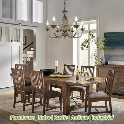 6-Light Farmhouse Candle Chandelier for Living Room, Rustic Industrial Pendant Ceiling Light fixture, Vintage Ceiling Hanging Lamp for Bedroom Hallway Kitchen Dining Room Foyer, Brown E12 Socket
