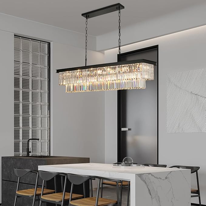 Weesalife Crystal Chandeliers for Dining Room Light Fixtures Over Table，18-Lights Black Modern Rectangle Chandeliers for Kitchen Island Bar L46 Inch