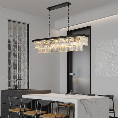 Weesalife Crystal Chandeliers for Dining Room Light Fixtures Over Table，18-Lights Black Modern Rectangle Chandeliers for Kitchen Island Bar L46 Inch