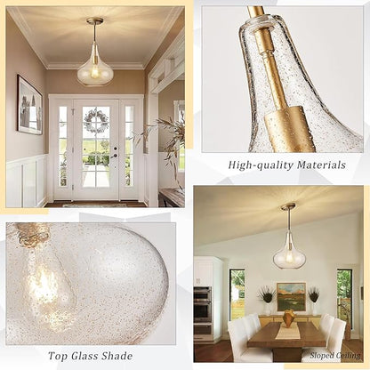CATINER Handcrafted 11-Inch Mid-Century Modern Brass Gold Pendant Light with Seeded Glass Shade - Elegant Dining Room Pendant Light