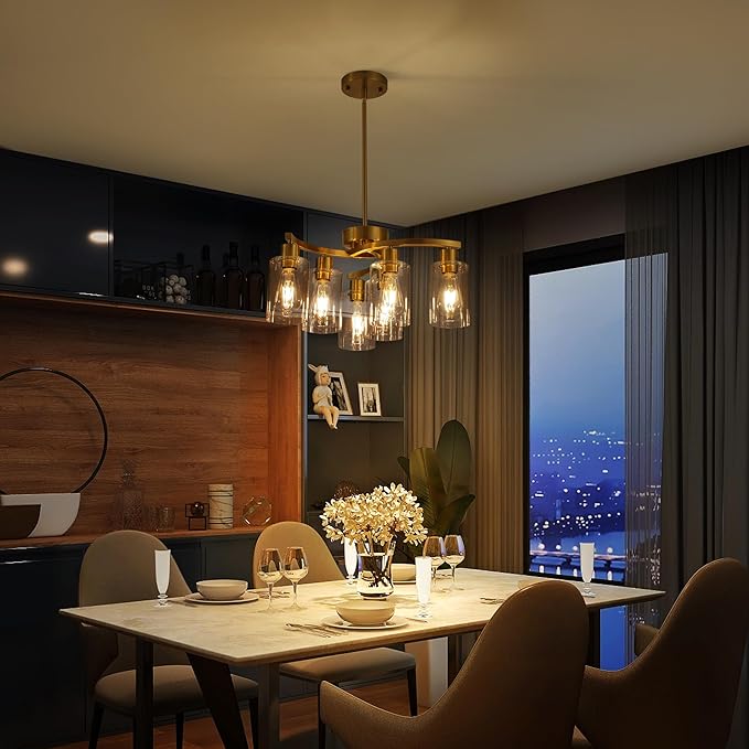 CNRATYE 6-Light Gold Chandeliers for Dining Room, Modern Kitchen Island Light Fixtures Over Table, Metal Hanging Pendant Lighting for Living Room Stairwell Entryway Bedroom, Clear Glass Shade