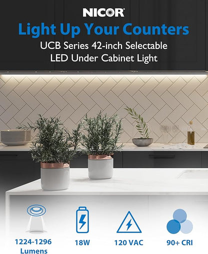 42” LED Direct Wire Under Cabinet Light with On/Off Switch - LED Lights for Kitchen - Selectable CCT 2700K-5000K, 1224-1296 Lumens, 18W - UCB Hardwired Under Cabinet Lighting by NICOR Lighting