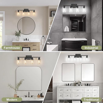 Unicozin Modern Bathroom Light Fixtures, 4 Light Vanity Lights Over Mirror, Black Wall Lamp with Clear Glass for Living Room Cabinet Bedroom Porch