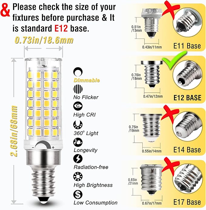 ALIDE E12 Kx-2000 60W C7 Dimmable Led Candelabra Bulbs Equivalent, 4000K Natural White T6 110V 120V Small Base E12 LED Bulbs 6W for Ceiling Fan Salt Lamp Chandelier Lighting,600lm,8Pack