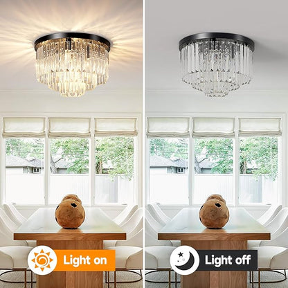 16" Black Crystal Chandelier Ceiling Light, Flush Mount 5-Lights 3-Tier K9 Crystal Round Chandelier Light for Dining Room Kitchen Island Living Room Bedroom