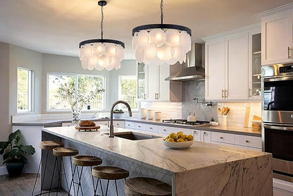 Wellmet Modern Glass Chandelier 22", Black Farmhouse Chandeliers for Dining Rooms, Round Light Fixture with White Frosted Glass Shade for Kitchen Island, Living Room, Bedroom, Hallway