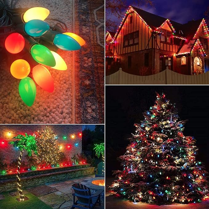 C7 Christmas Lights Outdoor 25Ft LED Christmas String Lights with 27 Multicolor LED Bulbs(2 Spare), Vintage Colorful String Lights for Garden Wedding Party Xmas Decoration, Green Wire