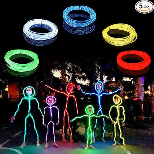 EL Wire 5 Pack-9.8ft Portable Neon Rope Lights Strip-Wearable Battery Pack Body Lights-360°Illumination-Super Bright-Cuttable-DIY Halloween Christmas Party Bar Cosplay Costume