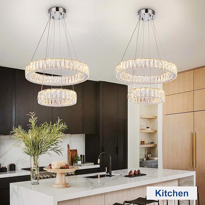 Depuley Modern LED Crystal Chandelier: 11.8" + 19.7" Rings Dimmable Pendant Light Adjustable for Dining Room - 42W Double-Decker Round Crystal Chandeliers for Bedroom Living Room Porch Foyer