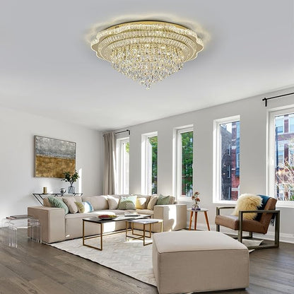 Gold LED Crystal Ceiling Light for Living Room, 40" Modern Large Flush Mount Chandelier with K9 Crystal Raindrop,Elegant Lighting Fixture with Remote Control for Hallway Dinning Room