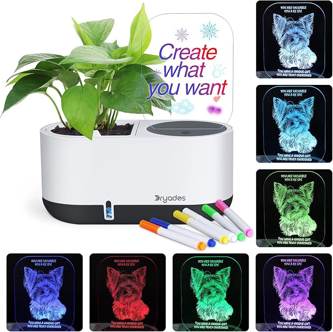 Self-Watering Plant Pot with LED Note Board & 7 Colors Pen, Led Acrylic Message Board with Plant Pot,Dog Board Night Light with Planting Pot for Mother's Day/Children's Day Gifts(No Plant)