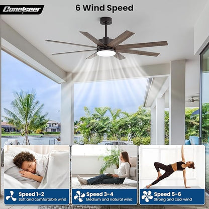 60 Inch Ceiling Fans with Lights and Remote, Dual Color 6 Blades, Bedroom Living Room Office Library Cafe Outdoor Industrial, 3CCT Dimmable, 6 Speed Reversible Quiet DC Motor, Brown/Wood Grain