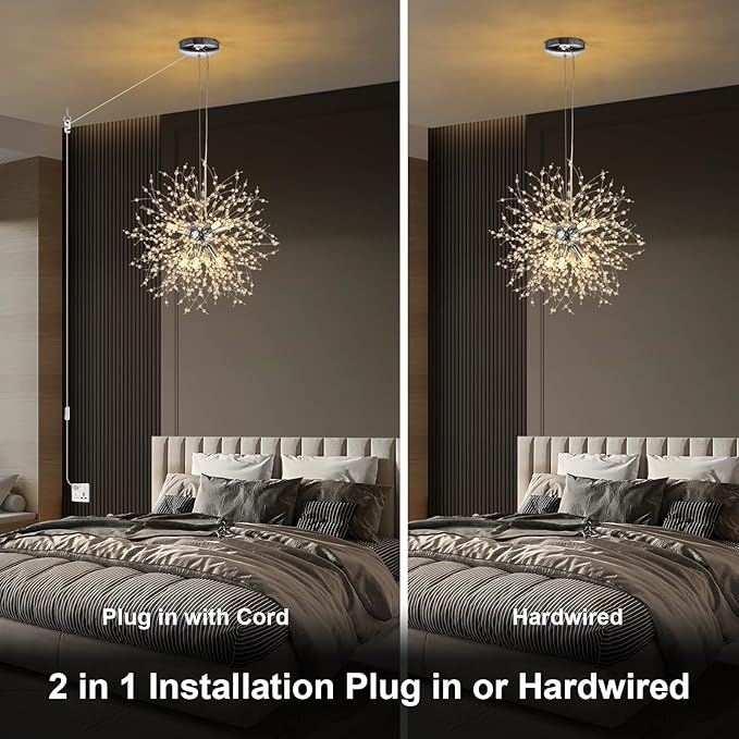 SineRise Modern Crystal Chandeliers Firework, Crystal Light Fixture, Dandelion Chandelier (8-Light, Chrome) for Foyer Hallway Entryway Kitchen Bedroom with Plug in (Bulbs Not Included)
