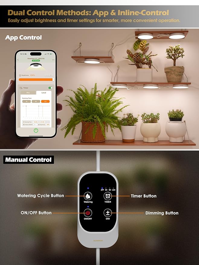 GLOWRIUM Grow Lights for Indoor Plants, 16W Smart Full Spectrum LED Grow Light, Auto Timer and Stepless Dimming,Plant Assistant with Watering Reminder,Modular Design (White, 2 PCS)