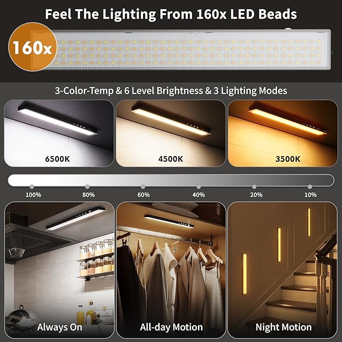 12inch 5Pack Touch Control Under Cabinet Lighting, 160LED Super Bright, 4000mAh Long-Lasting, Magnetic Rechargeable Motion Sensor Under Counter Lights for Kitchen, Closet, Remote, Dimmable, 3CCT丨Black