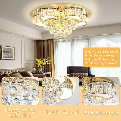23.6" Gold Modern Crystal Chandeliers for Dining Room LED Dimmable Light Fixtures Flush Mount Light Living Room Bedrooms