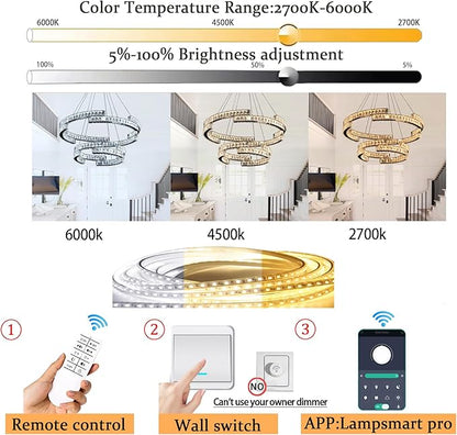 D32''+D20'' Modern 2 Ring Crystal Chandelier for Living Room Dining Room Ring Pendant Light Foyer Entrance Chandeliers LED Dimmable 3000-6000K