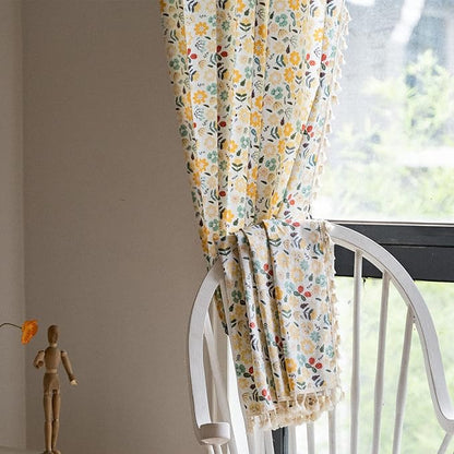 Sutuo Home Boho Curtain Semi-Blackout Colorful Florals Print Cotton Linen Fabric, Handmade Tassels Rod Pocket Bohemian Farmhouse Country Window Drapes for Living Bedroom, 59" W x 84" L, 1 Panel